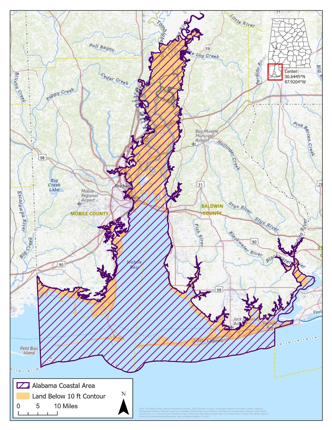 Map of Alabama Coastal Area, which extends from the continuous 10-foot contour to the 3-mile limit in Mobile and Baldwin counties