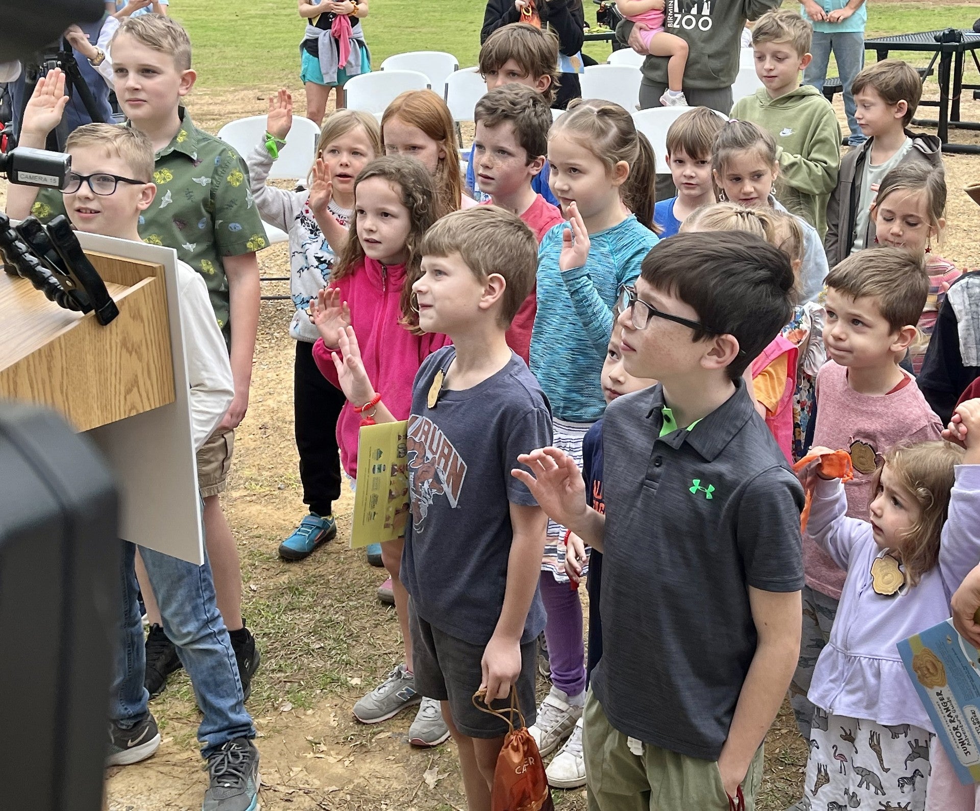 Junior Rangers take their pledge from Alabama’s chief park ranger, Pete Mitchum, during the formal launch the Alabama State Parks Junior Ranger Program on Tuesday, March 3, 2026, at Oak Mountain State Park. Photo by Josh Bean